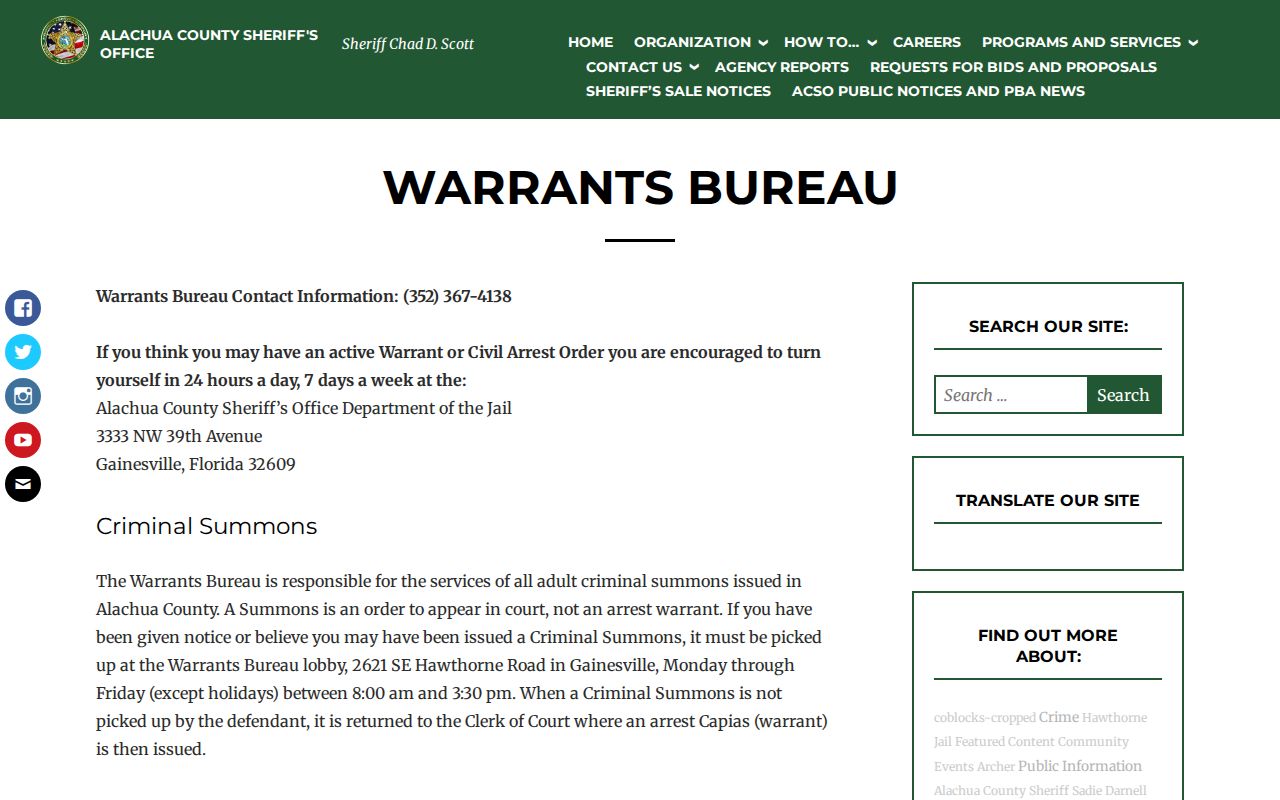 Alachua County arrest lookup Warrants Bureau