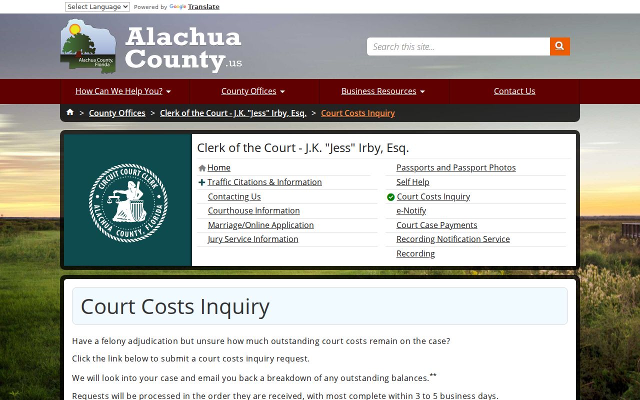 Alachua County criminal case felony costs inquiry
