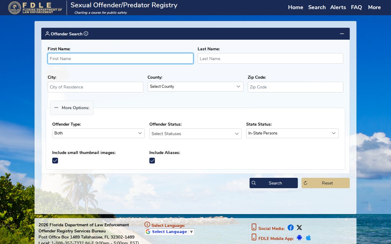 Alachua County sex offender advanced search fields